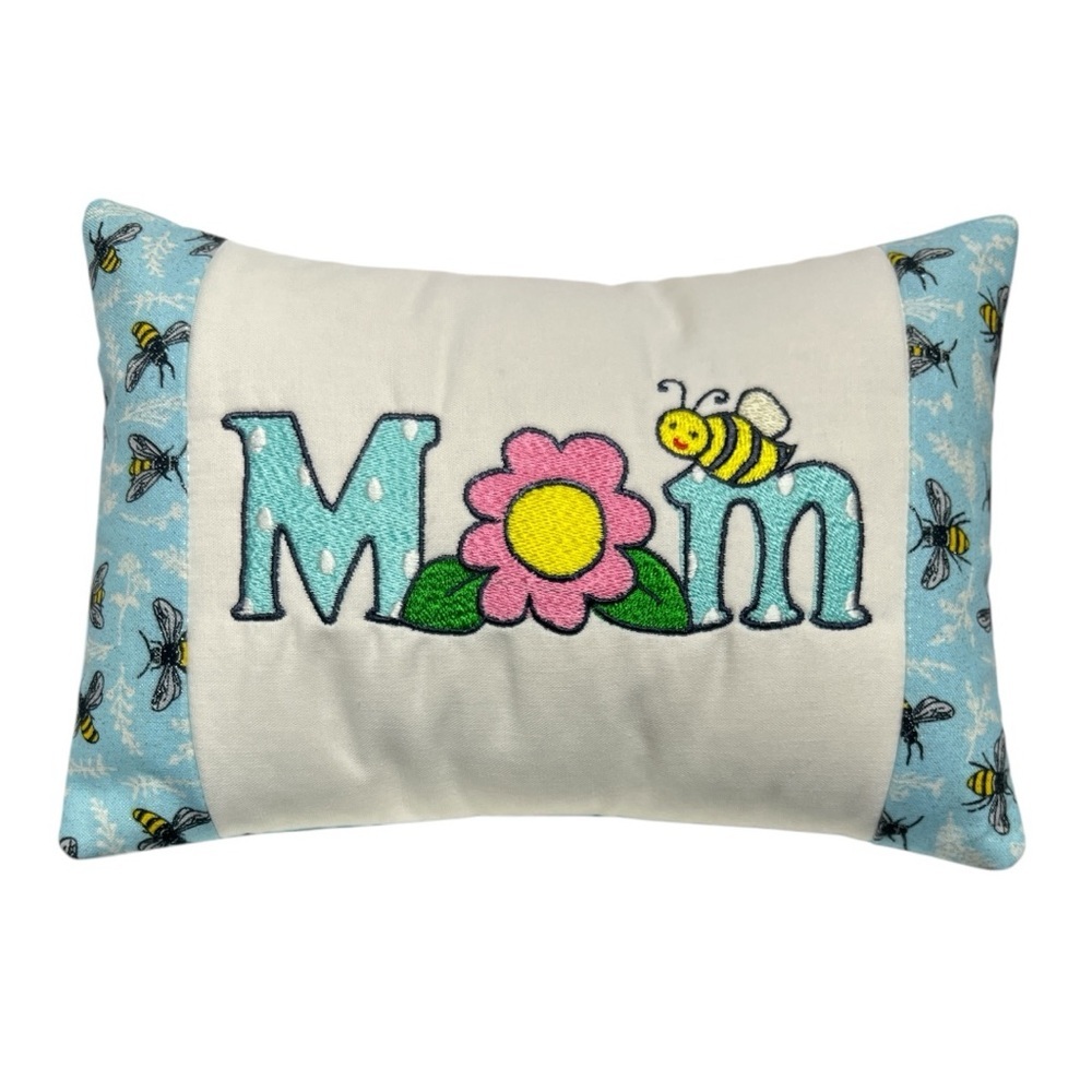 Hand Crafted Embroidered Mom Accent Pillow Blue and White with Bees and Flowers - Picture 7 of 12